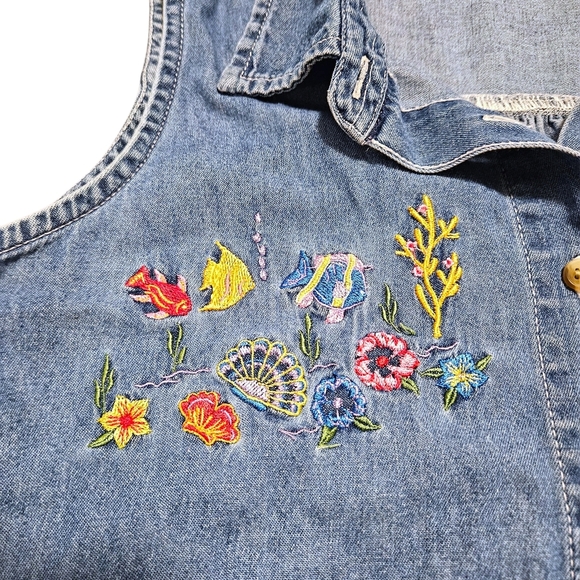 VTG Grannycore Denim Button-Up Vest Wmns M Embroidered Tropical Fish & Seashells - Picture 8 of 12